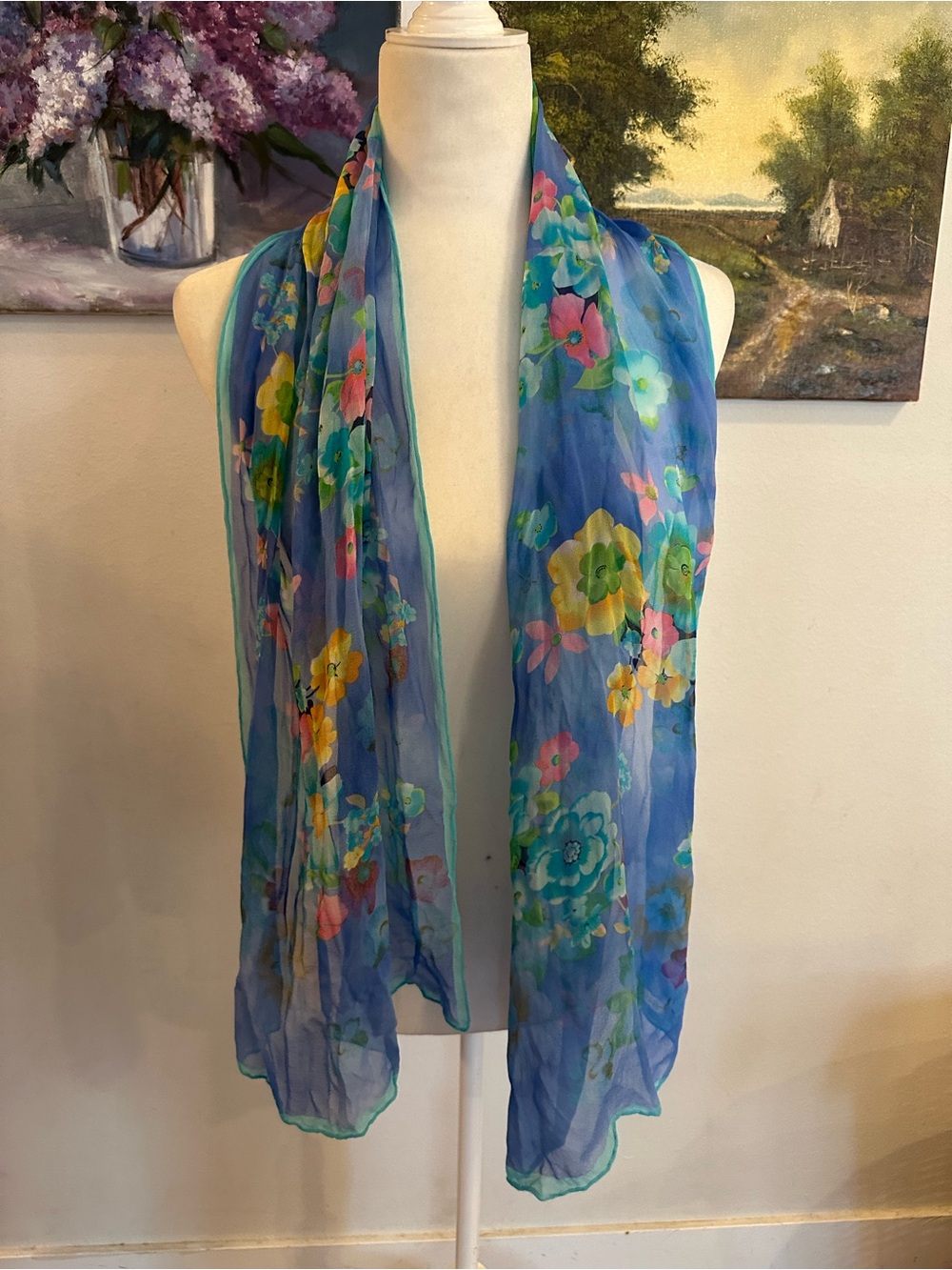 Sheer Blue Floral silk scarf